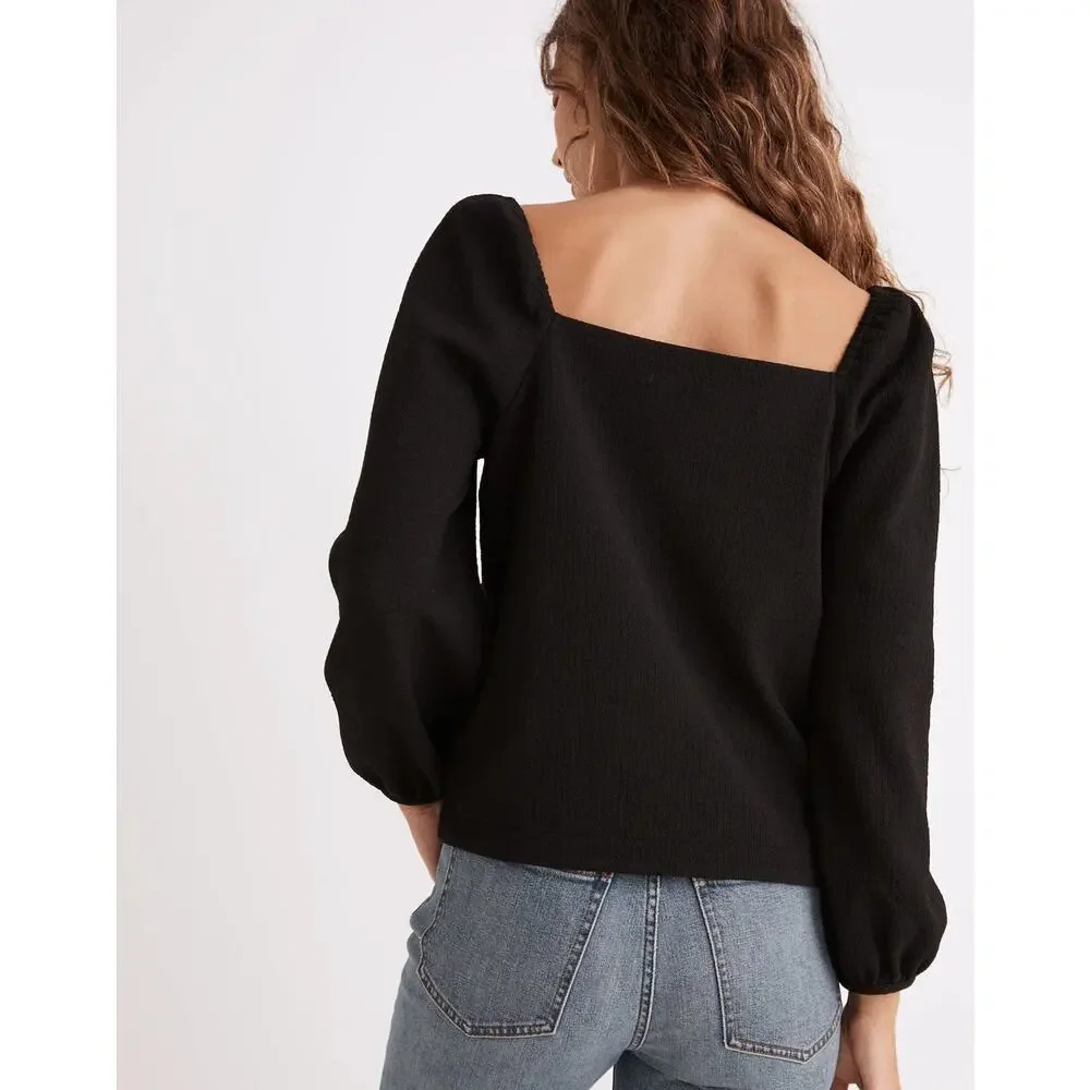 Madewell Crepe Square-Neck Puff-Sleeve Top True Black Size XXS